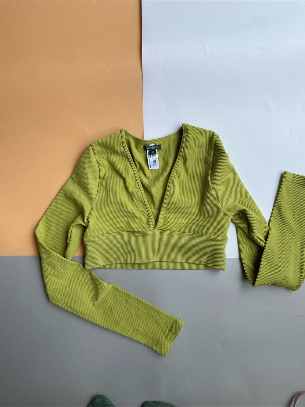 wild fable Chartreuse Ribbed V-Neck Cropped Long Sleeve Top